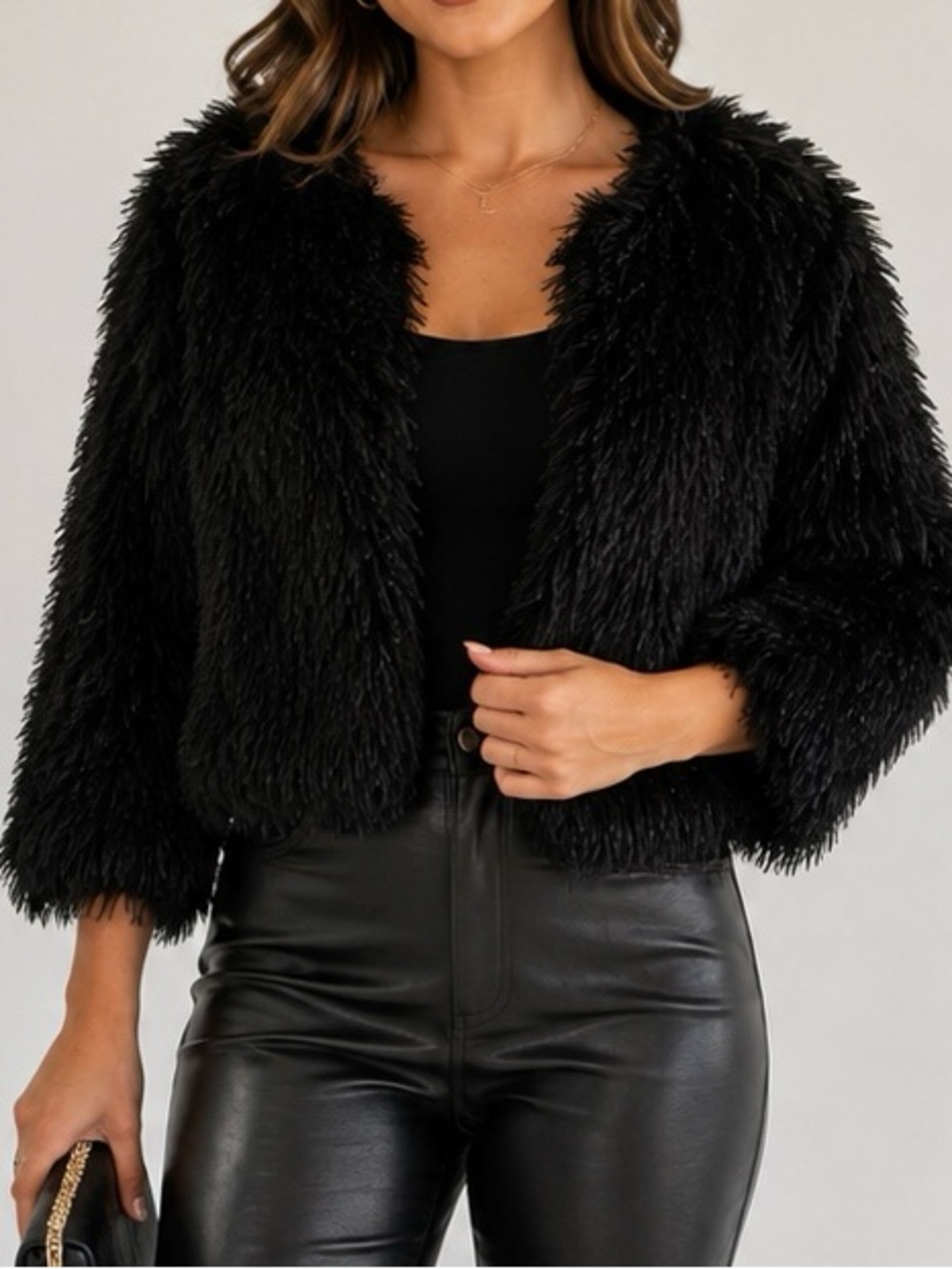 Black Faux Fur Cropped Jacket – Size L/XL